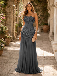 Chiffon A-Line/Princess Strapless Floor-Length Evening Dresses with 3D Flowers, Coeset Bodice & Pleats