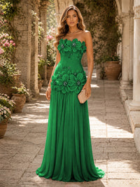 Chiffon A-Line/Princess Strapless Floor-Length Evening Dresses with 3D Flowers, Coeset Bodice & Pleats