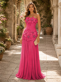 Chiffon A-Line/Princess Strapless Floor-Length Evening Dresses with 3D Flowers, Coeset Bodice & Pleats