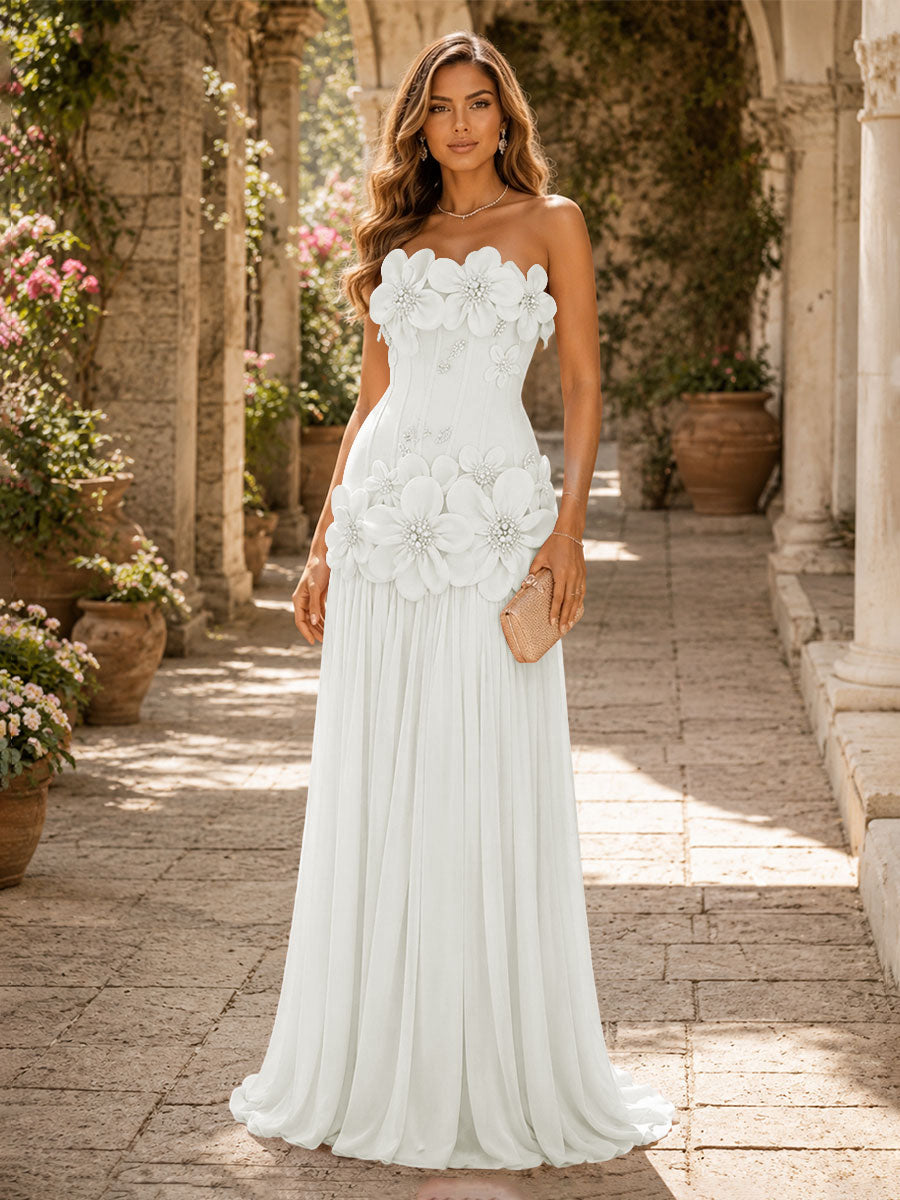 Chiffon A-Line/Princess Strapless Floor-Length Evening Dresses with 3D Flowers, Coeset Bodice & Pleats