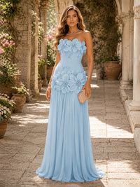 Chiffon A-Line/Princess Strapless Floor-Length Evening Dresses with 3D Flowers, Coeset Bodice & Pleats