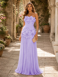 Chiffon A-Line/Princess Strapless Floor-Length Evening Dresses with 3D Flowers, Coeset Bodice & Pleats