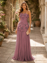 Chiffon A-Line/Princess Strapless Floor-Length Evening Dresses with 3D Flowers, Coeset Bodice & Pleats