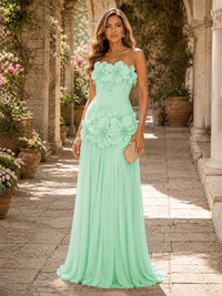 Chiffon A-Line/Princess Strapless Floor-Length Evening Dresses with 3D Flowers, Coeset Bodice & Pleats