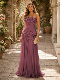 Chiffon A-Line/Princess Strapless Floor-Length Evening Dresses with 3D Flowers, Coeset Bodice & Pleats