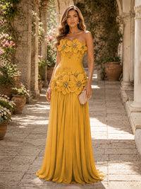 Chiffon A-Line/Princess Strapless Floor-Length Evening Dresses with 3D Flowers, Coeset Bodice & Pleats