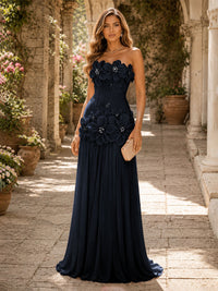 Chiffon A-Line/Princess Strapless Floor-Length Evening Dresses with 3D Flowers, Coeset Bodice & Pleats