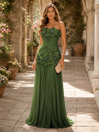 Chiffon A-Line/Princess Strapless Floor-Length Evening Dresses with 3D Flowers, Coeset Bodice & Pleats