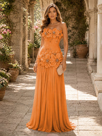 Chiffon A-Line/Princess Strapless Floor-Length Evening Dresses with 3D Flowers, Coeset Bodice & Pleats