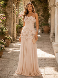 Chiffon A-Line/Princess Strapless Floor-Length Evening Dresses with 3D Flowers, Coeset Bodice & Pleats