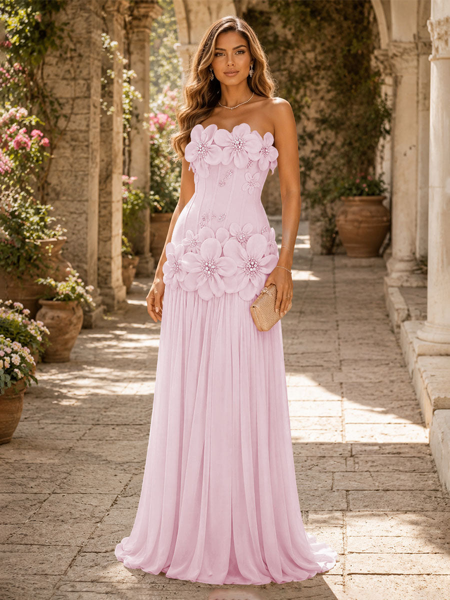Chiffon A-Line/Princess Strapless Floor-Length Evening Dresses with 3D Flowers, Coeset Bodice & Pleats