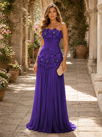 Chiffon A-Line/Princess Strapless Floor-Length Evening Dresses with 3D Flowers, Coeset Bodice & Pleats