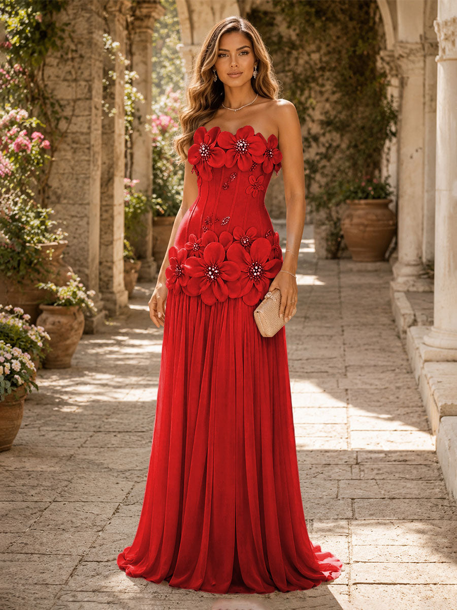 Chiffon A-Line/Princess Strapless Floor-Length Evening Dresses with 3D Flowers, Coeset Bodice & Pleats