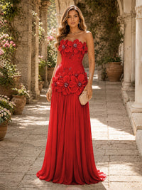 Chiffon A-Line/Princess Strapless Floor-Length Evening Dresses with 3D Flowers, Coeset Bodice & Pleats