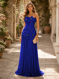 Chiffon A-Line/Princess Strapless Floor-Length Evening Dresses with 3D Flowers, Coeset Bodice & Pleats