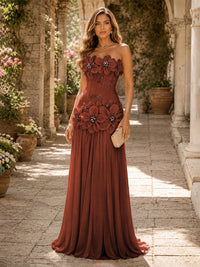 Chiffon A-Line/Princess Strapless Floor-Length Evening Dresses with 3D Flowers, Coeset Bodice & Pleats