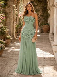 Chiffon A-Line/Princess Strapless Floor-Length Evening Dresses with 3D Flowers, Coeset Bodice & Pleats