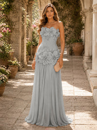 Chiffon A-Line/Princess Strapless Floor-Length Evening Dresses with 3D Flowers, Coeset Bodice & Pleats