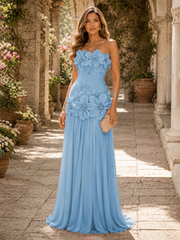 Chiffon A-Line/Princess Strapless Floor-Length Evening Dresses with 3D Flowers, Coeset Bodice & Pleats
