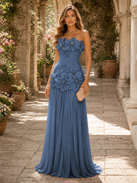 Chiffon A-Line/Princess Strapless Floor-Length Evening Dresses with 3D Flowers, Coeset Bodice & Pleats