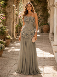 Chiffon A-Line/Princess Strapless Floor-Length Evening Dresses with 3D Flowers, Coeset Bodice & Pleats