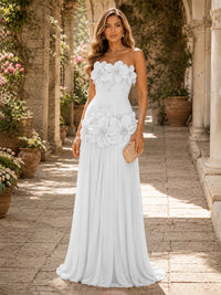 Chiffon A-Line/Princess Strapless Floor-Length Evening Dresses with 3D Flowers, Coeset Bodice & Pleats