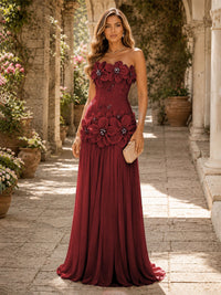 Chiffon A-Line/Princess Strapless Floor-Length Evening Dresses with 3D Flowers, Coeset Bodice & Pleats