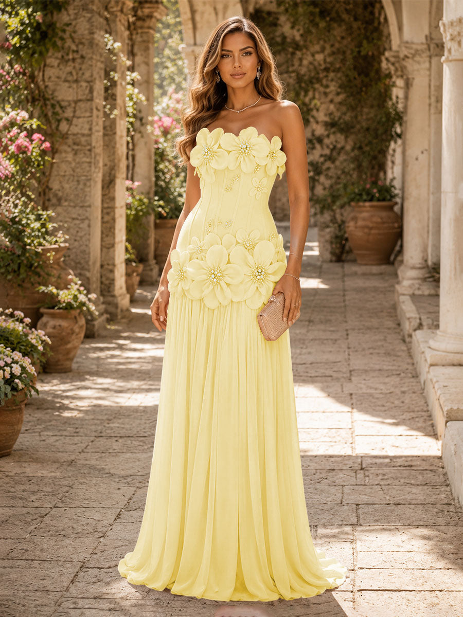 Chiffon A-Line/Princess Strapless Floor-Length Evening Dresses with 3D Flowers, Coeset Bodice & Pleats