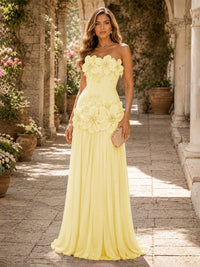 Chiffon A-Line/Princess Strapless Floor-Length Evening Dresses with 3D Flowers, Coeset Bodice & Pleats
