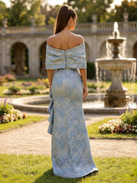 Jacquard Sheath/Column Off Shoulder Floor-Length Evening Dresses with Ruffles