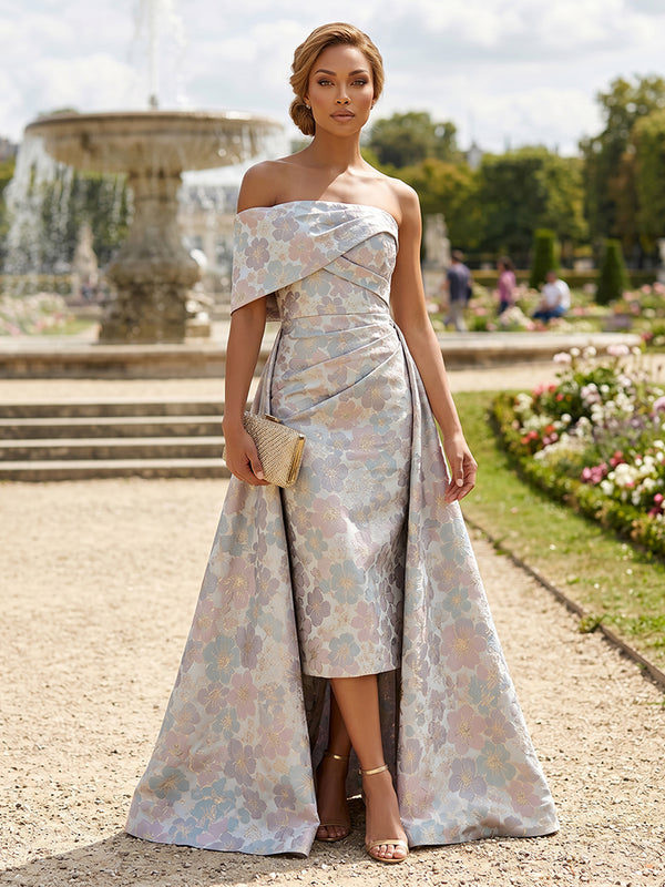 Jacquard Sheath/Column One Shoulder Tea-Length Evening Dresses with Ruched Waist & Sweep Train