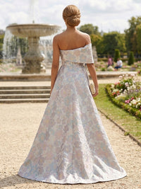 Jacquard Sheath/Column One Shoulder Tea-Length Evening Dresses with Ruched Waist & Sweep Train
