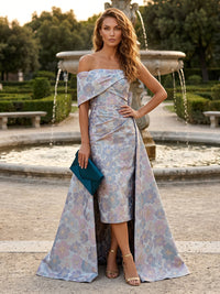 Jacquard Sheath/Column One Shoulder Tea-Length Evening Dresses with Ruched Waist & Sweep Train