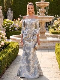 Jacquard Mermaid/Trumpet Off Shoulder Floor-Length Evening Dresses with Ruched Waist