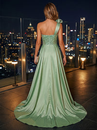 Sequin Sheath/Column One Shoulder Floor-Length Evening Dresses with Corset Bodice & Satin Sweep Train
