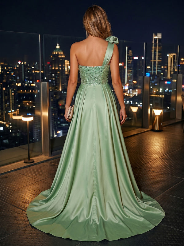 Sequin Sheath/Column One Shoulder Floor-Length Evening Dresses with Corset Bodice & Satin Sweep Train