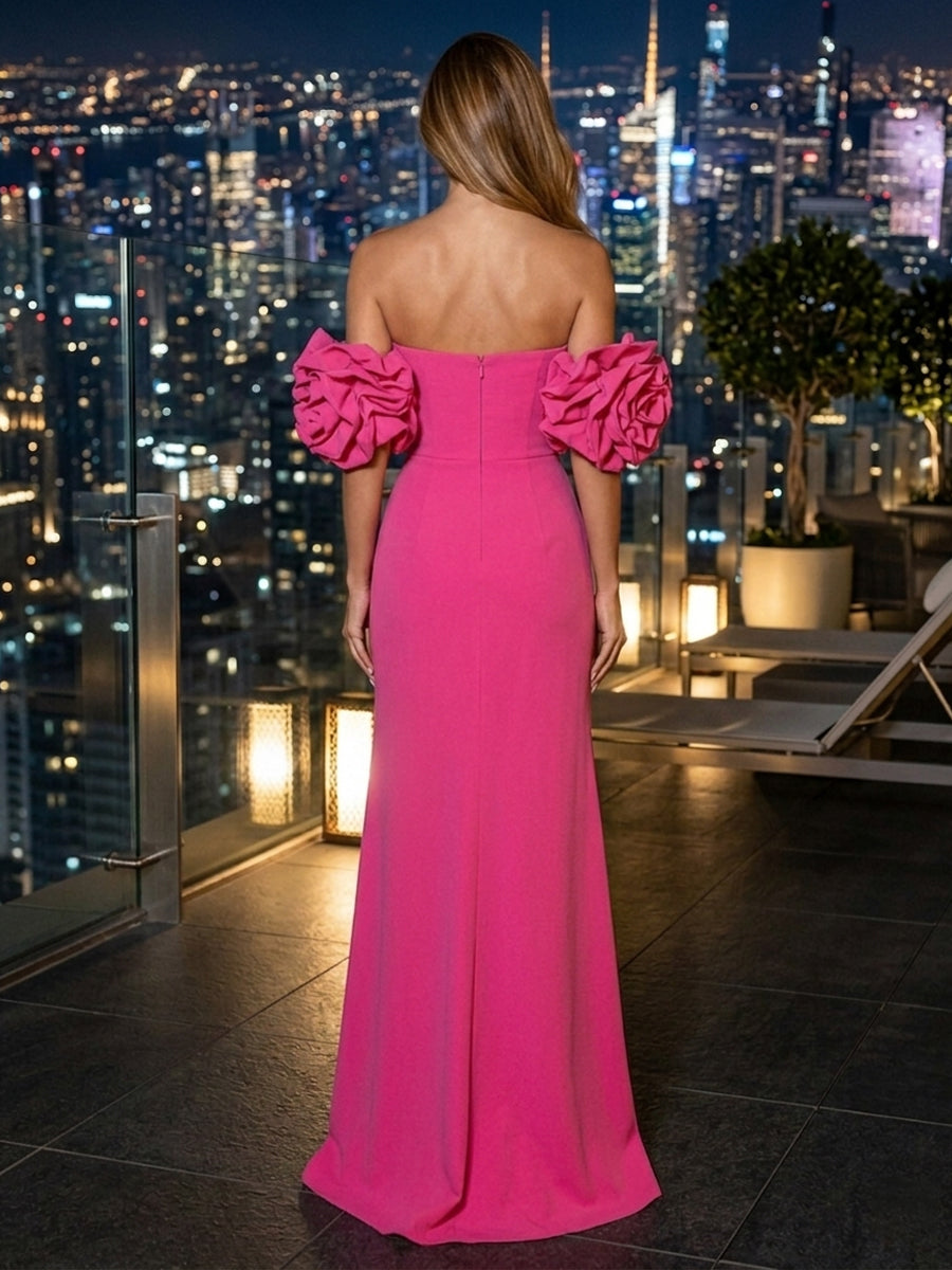 Satin Sheath/Column Off Shoulder Floor-Length Evening Dresses with Slit