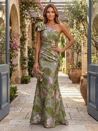 Jacquard Sheath/Column One Shoulder Floor-Length Evening Dresses with Ruched Waist