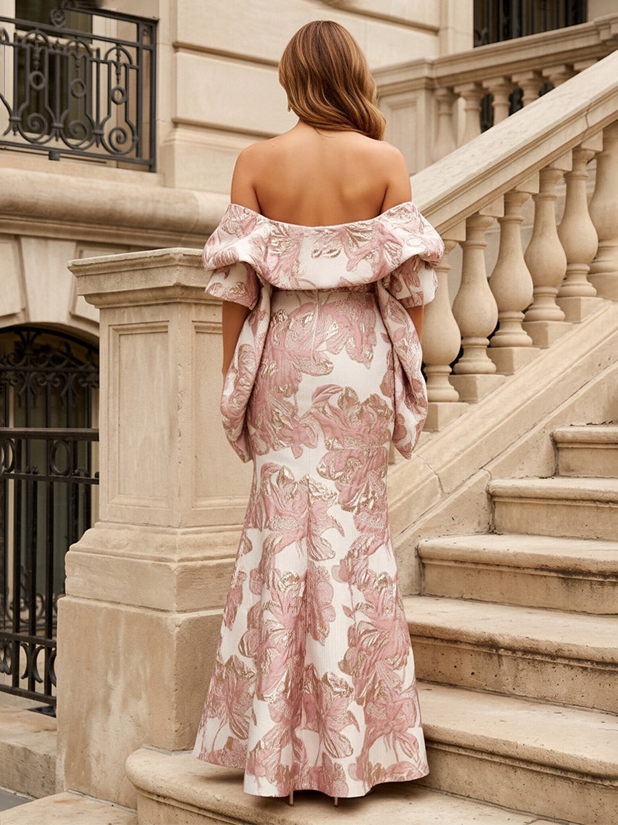 Jacquard Sheath/Column Off Shoulder Floor-Length Evening Dresses with Cape