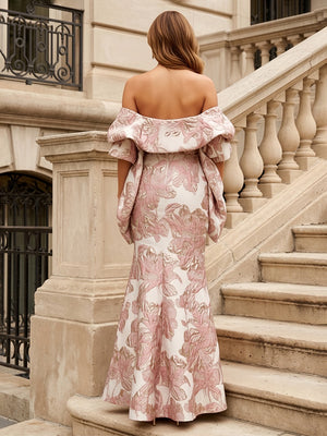 Jacquard Sheath/Column Off Shoulder Floor-Length Evening Dresses with Cape