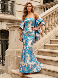 Jacquard Sheath/Column Off Shoulder Floor-Length Evening Dresses with Cape