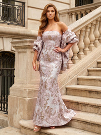 Jacquard Sheath/Column Off Shoulder Floor-Length Evening Dresses with Cape