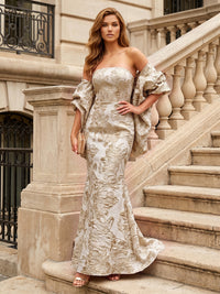 Jacquard Sheath/Column Off Shoulder Floor-Length Evening Dresses with Cape