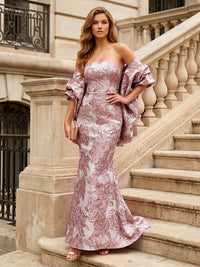 Jacquard Sheath/Column Off Shoulder Floor-Length Evening Dresses with Cape