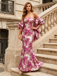 Jacquard Sheath/Column Off Shoulder Floor-Length Evening Dresses with Cape