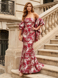 Jacquard Sheath/Column Off Shoulder Floor-Length Evening Dresses with Cape