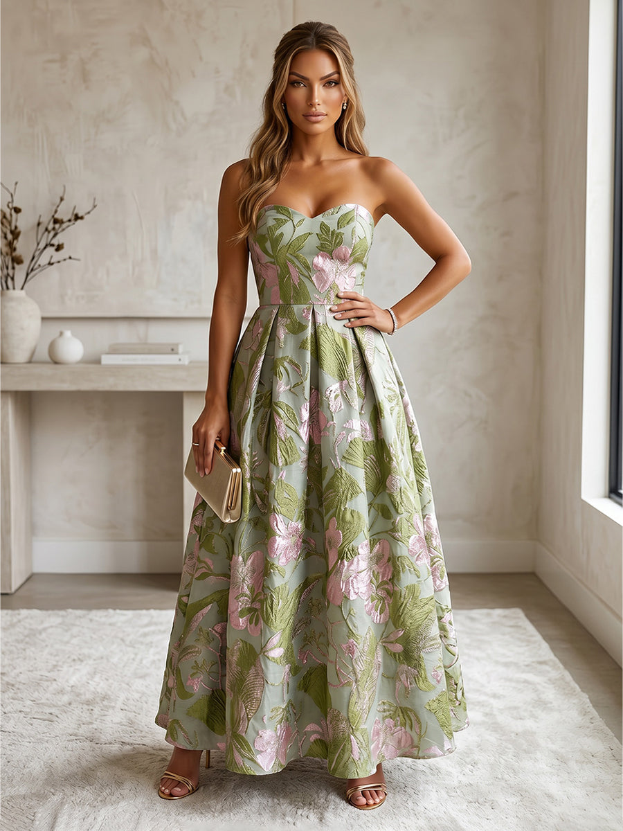 Jacquard A-Line/Princess Strapless Floor-Length Evening Dresses with Ruched Waist