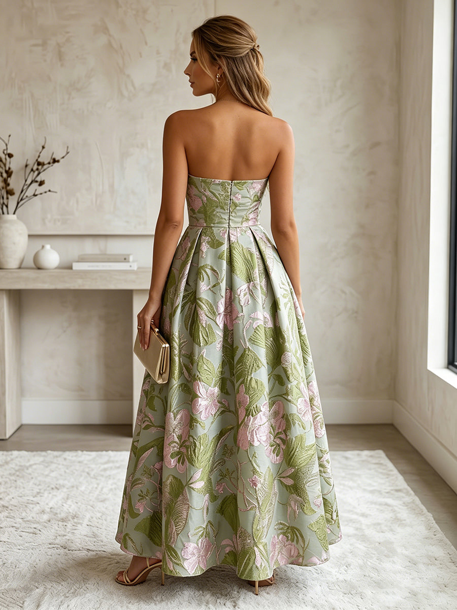 Jacquard A-Line/Princess Strapless Floor-Length Evening Dresses with Ruched Waist