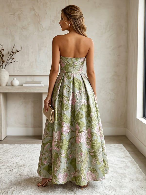 Jacquard A-Line/Princess Strapless Floor-Length Evening Dresses with Ruched Waist