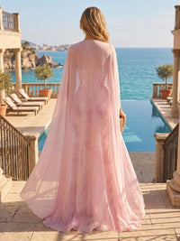 Sequin Floral Sheath/Column Halter Floor-Length Evening Dresses with Chiffon Cape & Slit